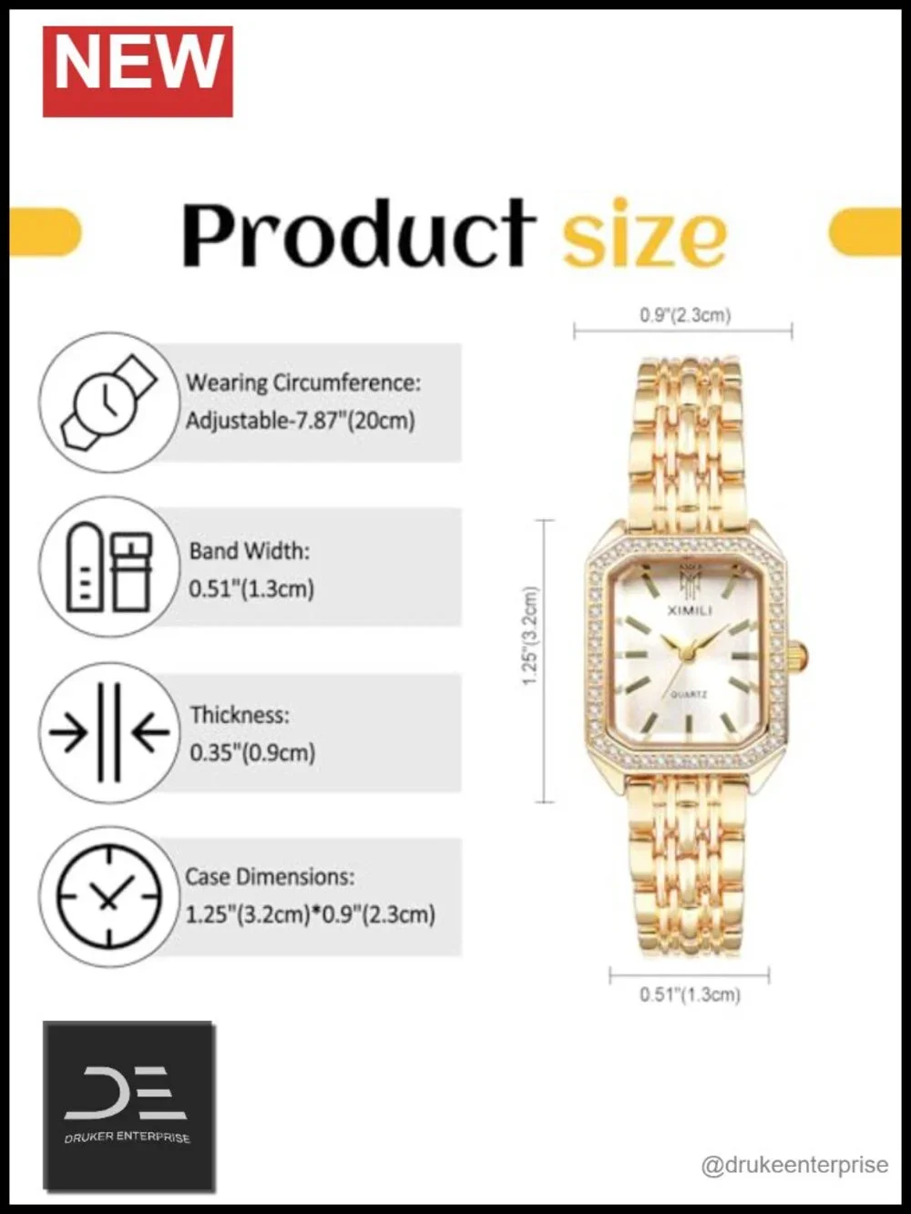 Square Watches for Women: Rhinestone Gold Stainless Steel Adjustable Band